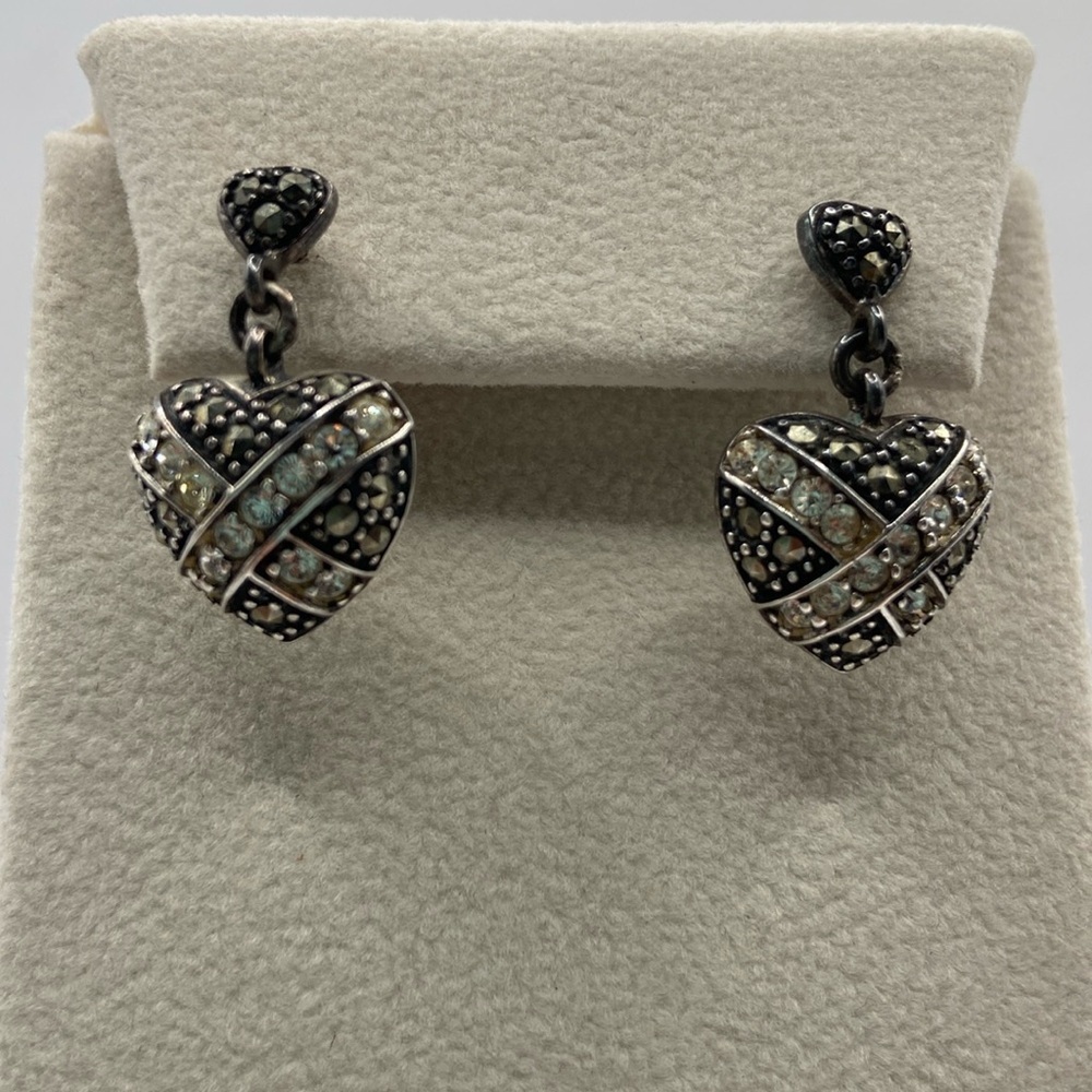 Suspicion Sterling Silver 925 Puffed Heart Marcasite Crystal Earrings Pierced